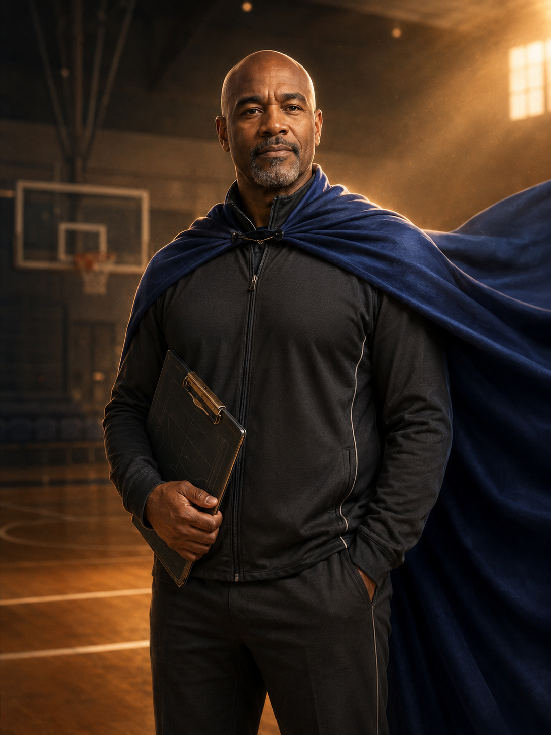 Coach, a bald middle-aged Black basketball mentor holding his clipboard in a navy cape