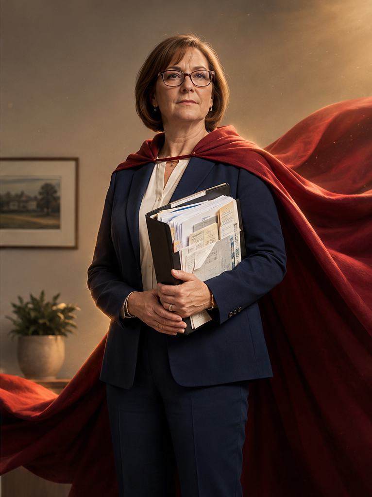 Karen holding her receipt binder in a red cape