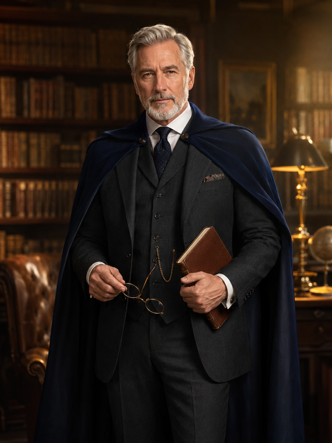 Solomon holding his research notebook in a navy cape